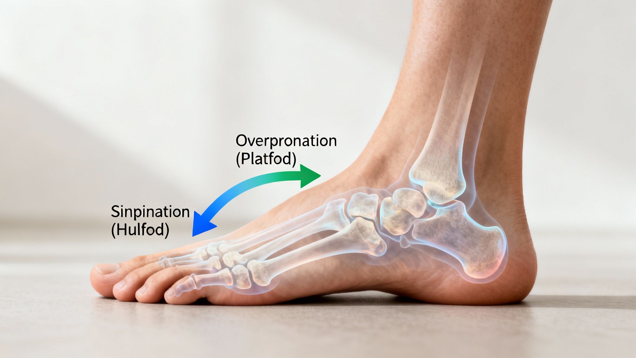 Diagram af fodens biomekanik, der viser overpronation (platfod) og sinpination (hulfod).