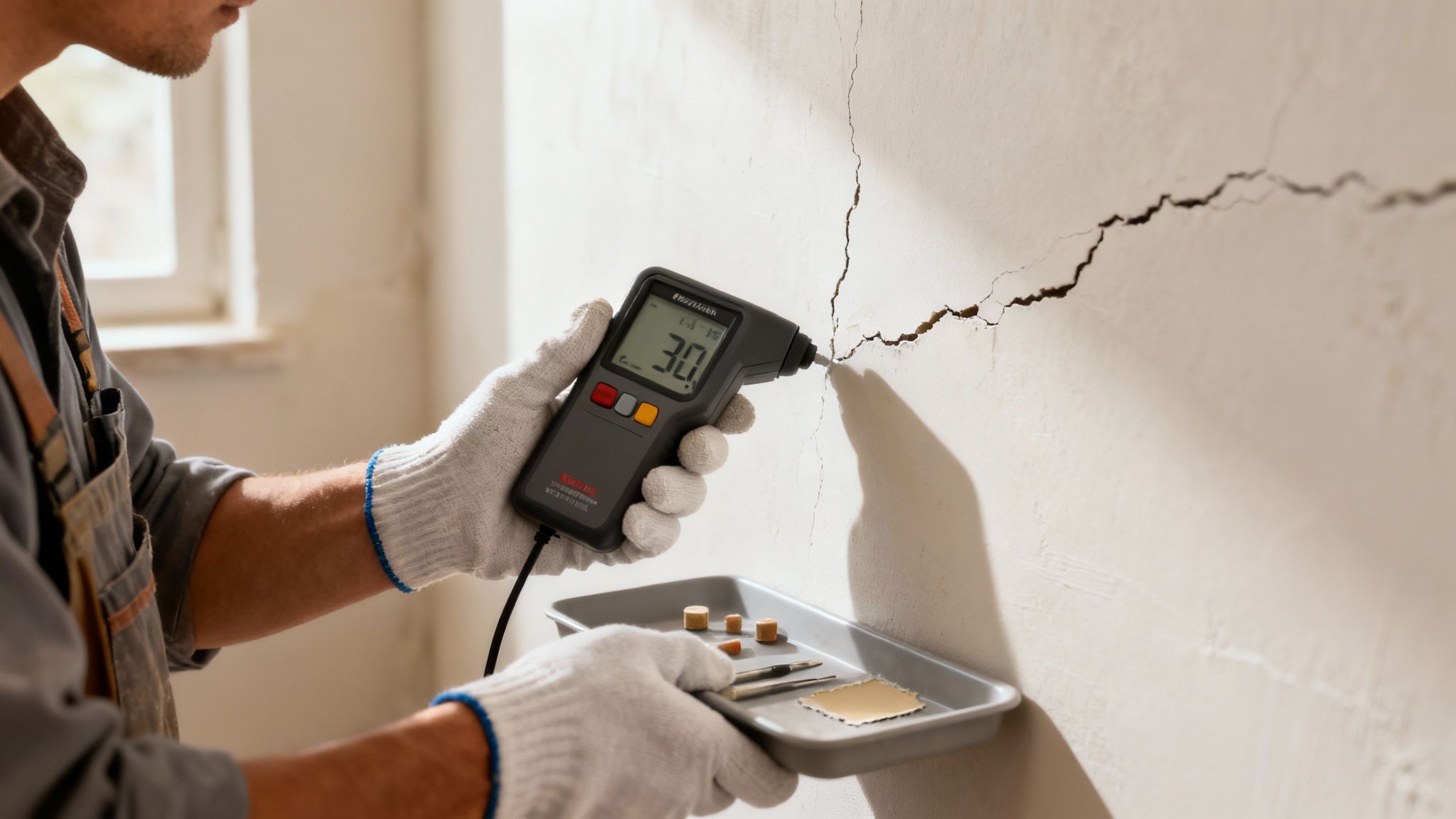 En håndværker inspicerer en murstensvæg for skader før isolering