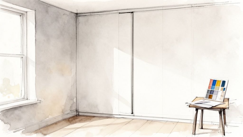 Akvarel skitse af et lyst rum med et vindue, indbyggede skabe og farveprøver på et bord.