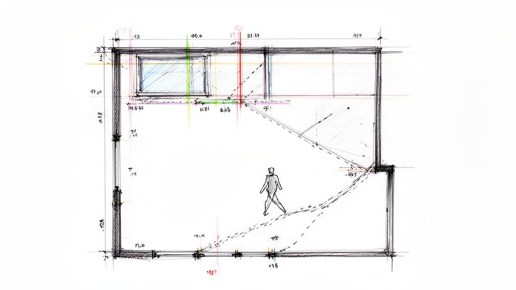 Håndtegnet grundplan af et rum med vinduer, mål og en person, der går, i skitsestil.