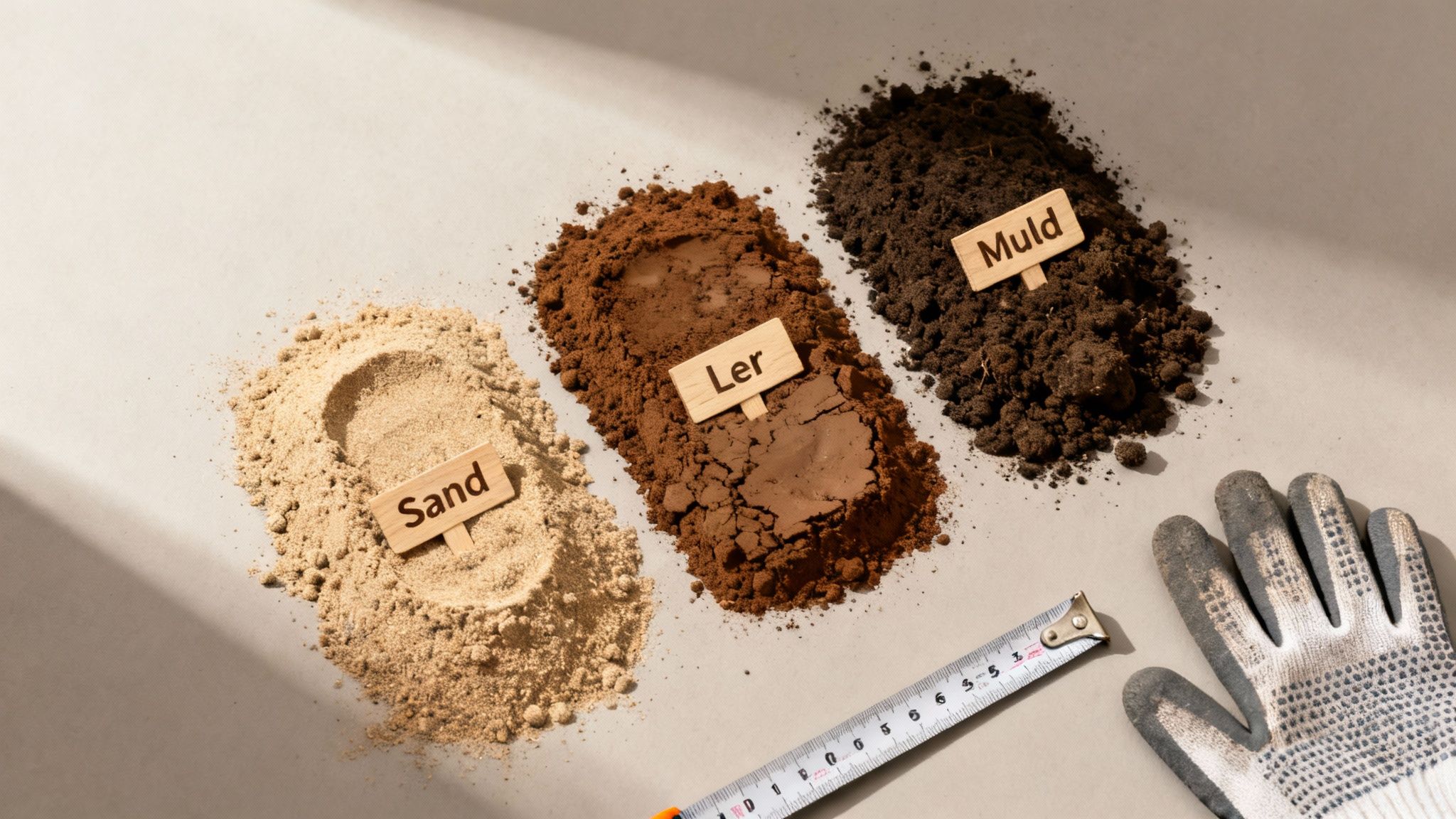 Tre bunker med forskellige jordtyper (sand, ler, muld) med skilte, målebånd og handske.