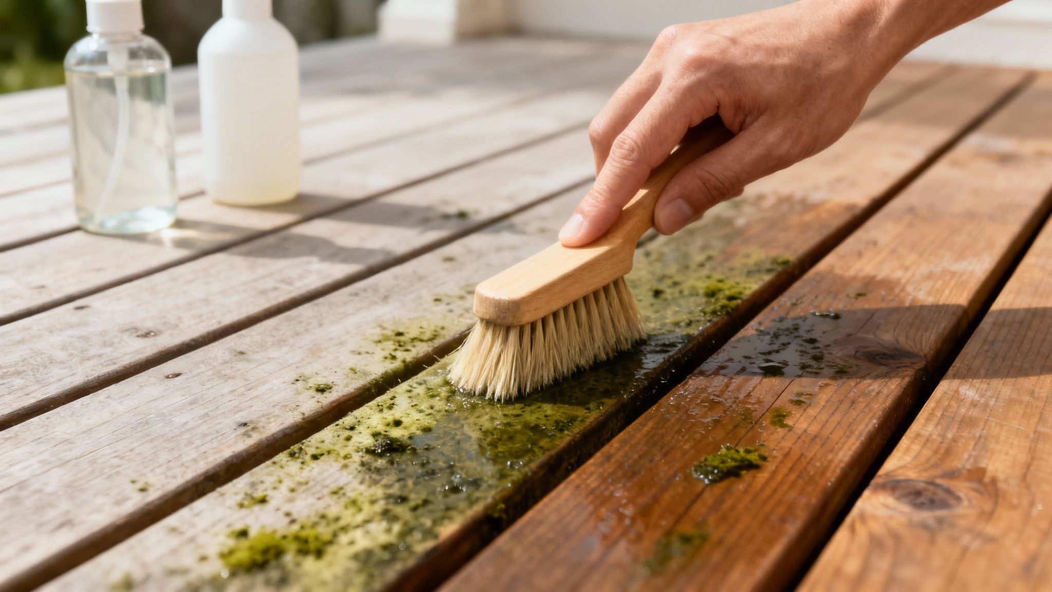 En hånd skrubber en træterrasse med en børste, der fjerner grønne alger og snavs. Rengøringsmiddel ses i baggrunden.