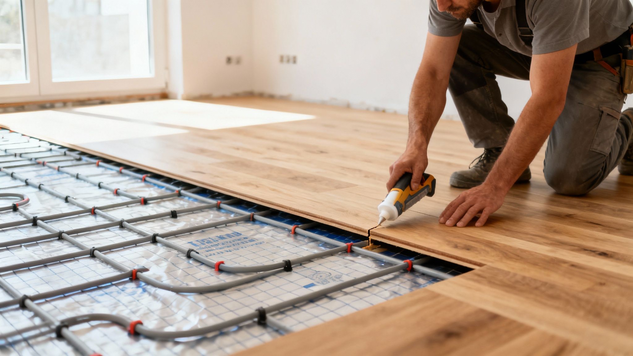 Et elegant trægulv i en moderne stue med gulvvarme installeret nedenunder.