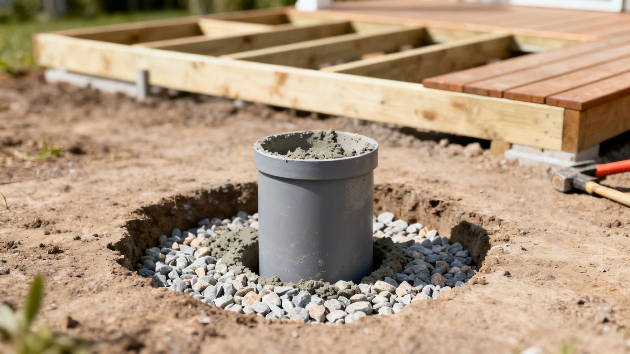 Grå stolpe med beton i et hul med grus, ved siden af en træterrasse under opførelse.