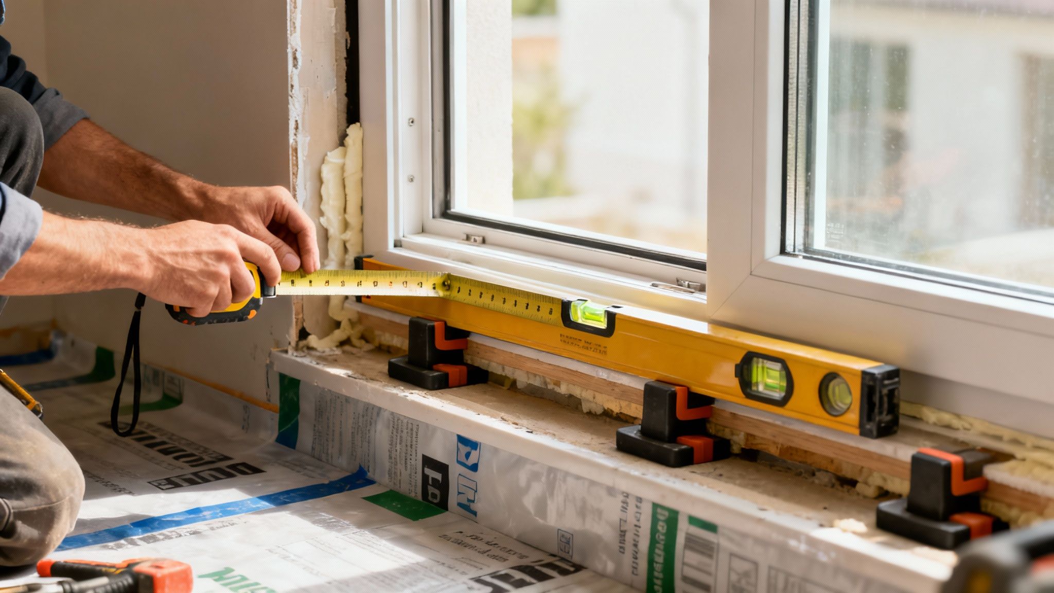 Hænder måler vindueskarm med målebånd og vaterpas under udskiftning af vinduer.