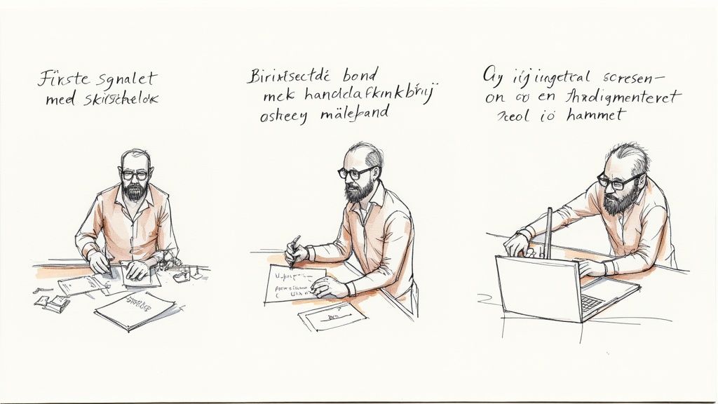 En mand med skæg arbejder ved et bord: skriver på papir, notesblok og bærbar computer.