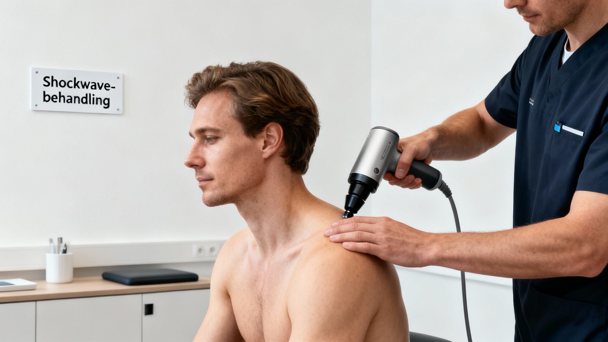 En mand modtager chokbølgebehandling på sin skulder af en sundhedsprofessionel.