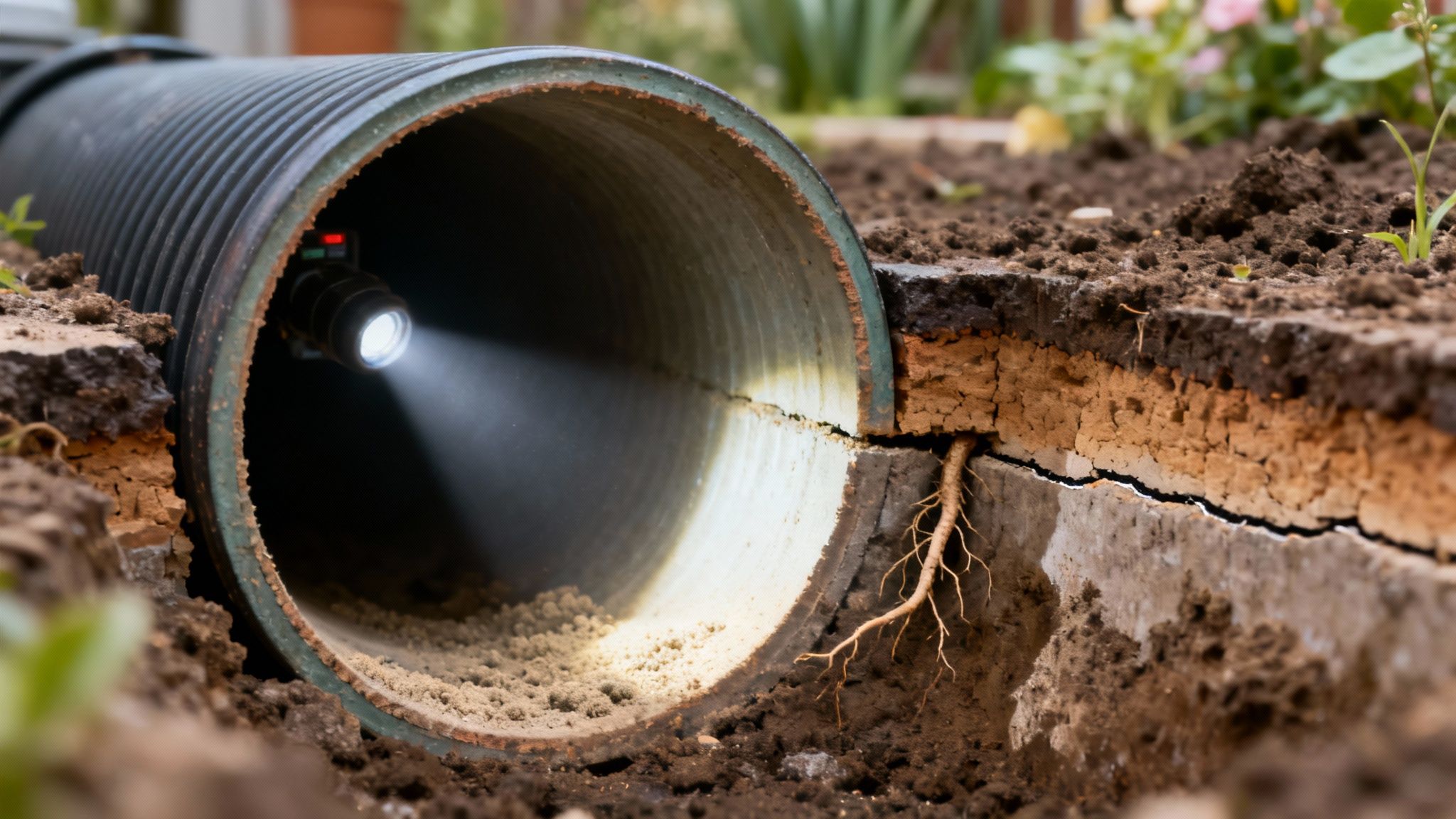 Et kamera med lys inspicerer et kloakrør i jorden, hvor rødder har forårsaget en revne.