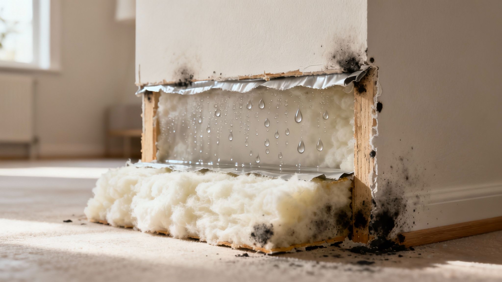 En håndværker inspicerer en væg for fugtproblemer før indvendig isolering