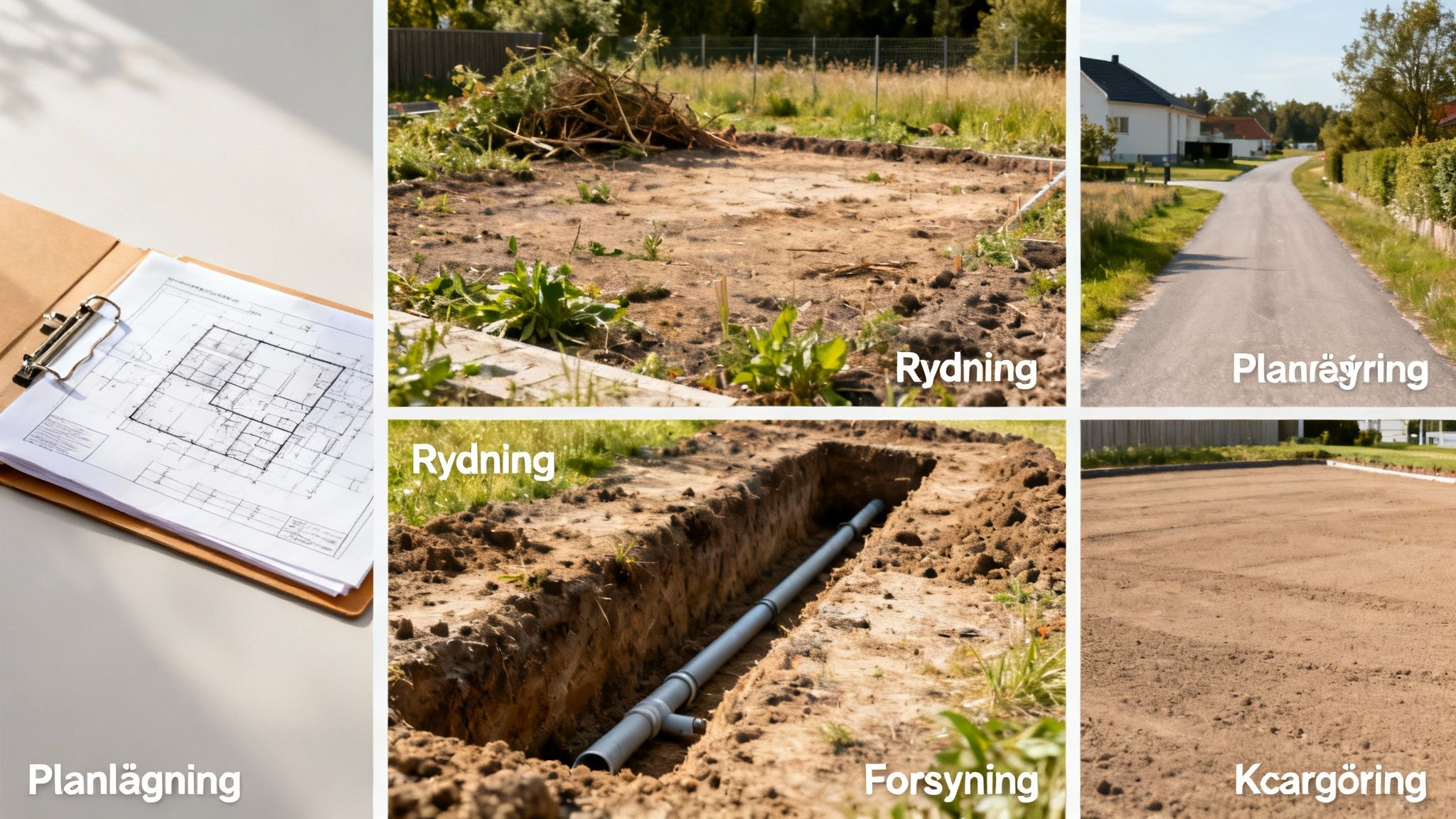 En kollage med billeder af grundudvikling, inklusiv planlægning, rydning, rørarbejde og jordforberedelse.