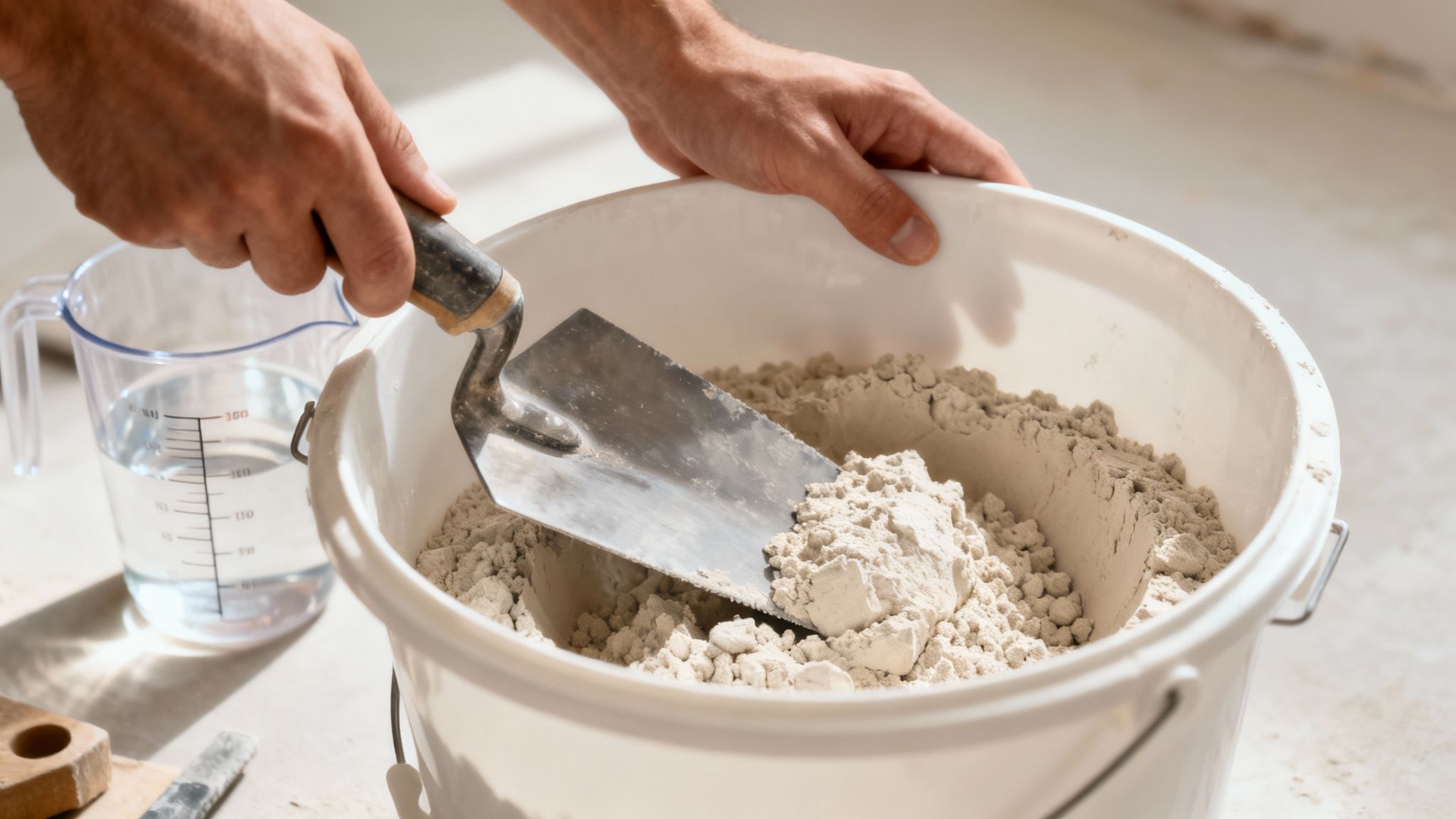 Hænder blander tør mørtel i en hvid spand med murske, klar til byggeri.