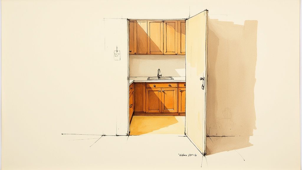 Minimalistisk tegning af et lille køkken med træskabe og vask, set gennem en åben dør med lys og skygger.