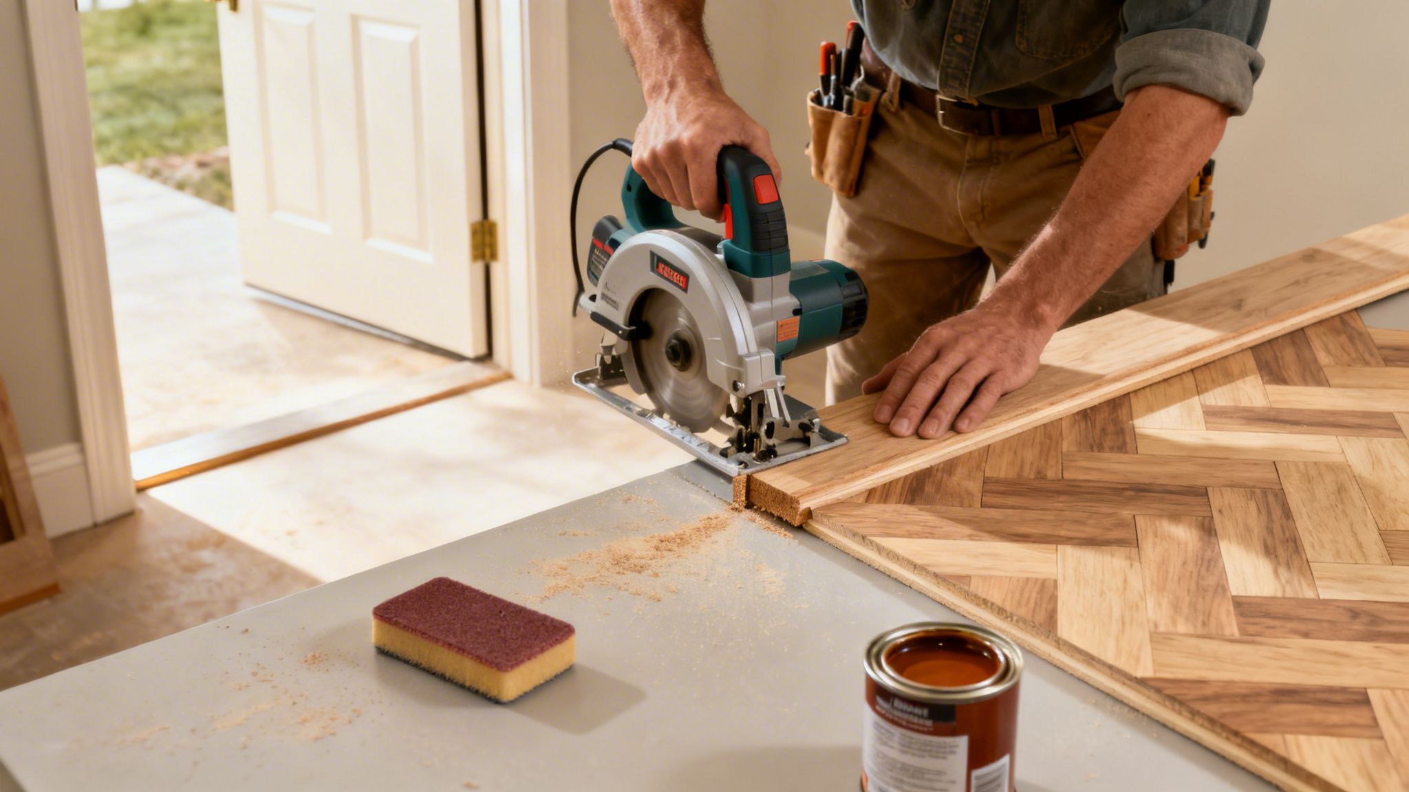 En person skærer sildebensparket med en rundsav. En skuresvamp og bejdse står på bordet.