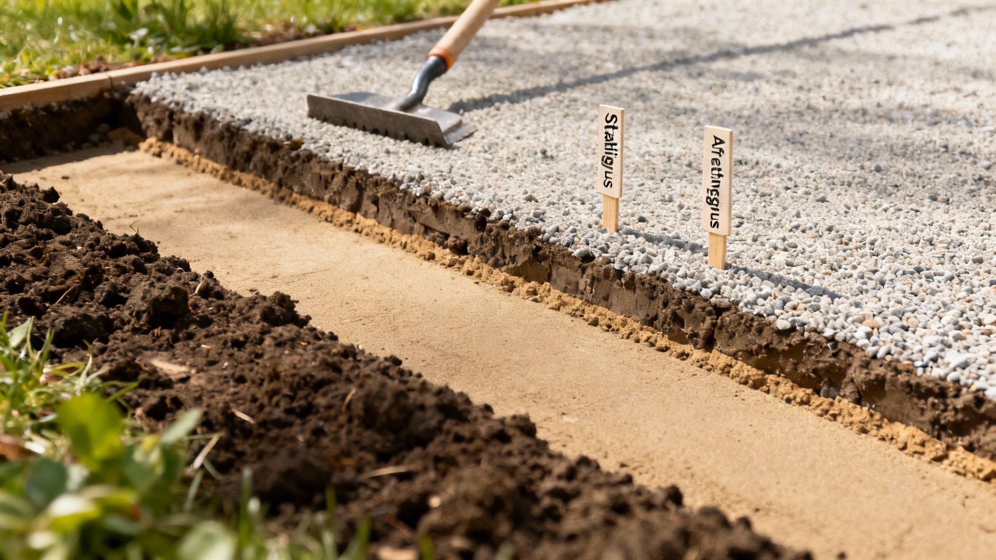 Billede af en gangsti under anlæg i haven med lag af grus, jord og sand, samt et nivelleringsværktøj.