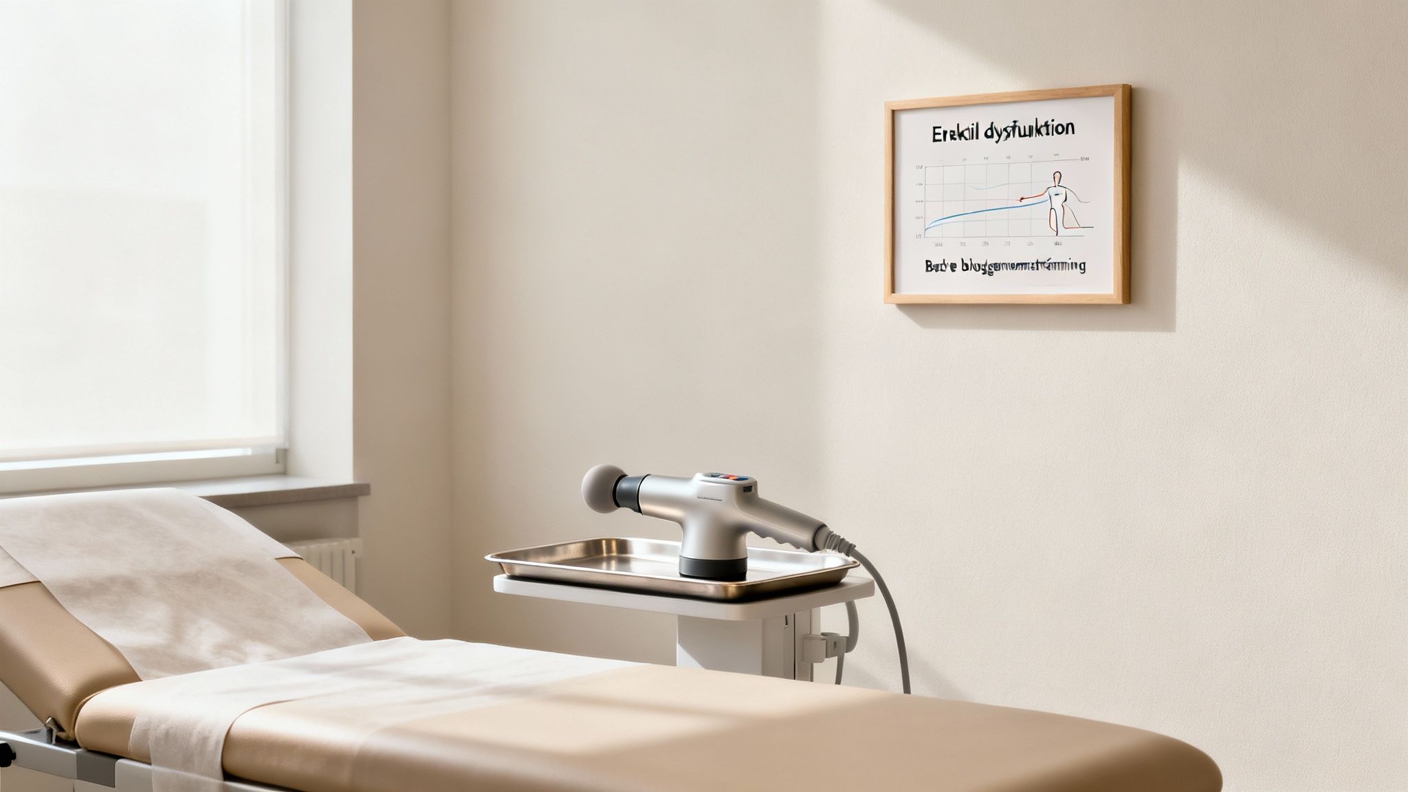 Et lyst behandlingsrum med en briks, et shockwave apparat og en plakat om erektil dysfunktion.