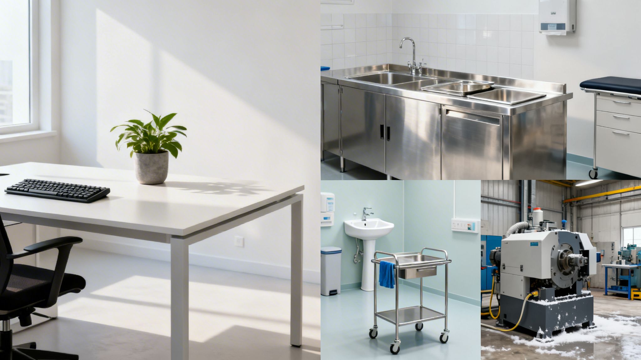 Billedet viser fire forskellige erhvervsmiljøer: et kontor, et storkøkken, et klinikrum og en fabrikshal.