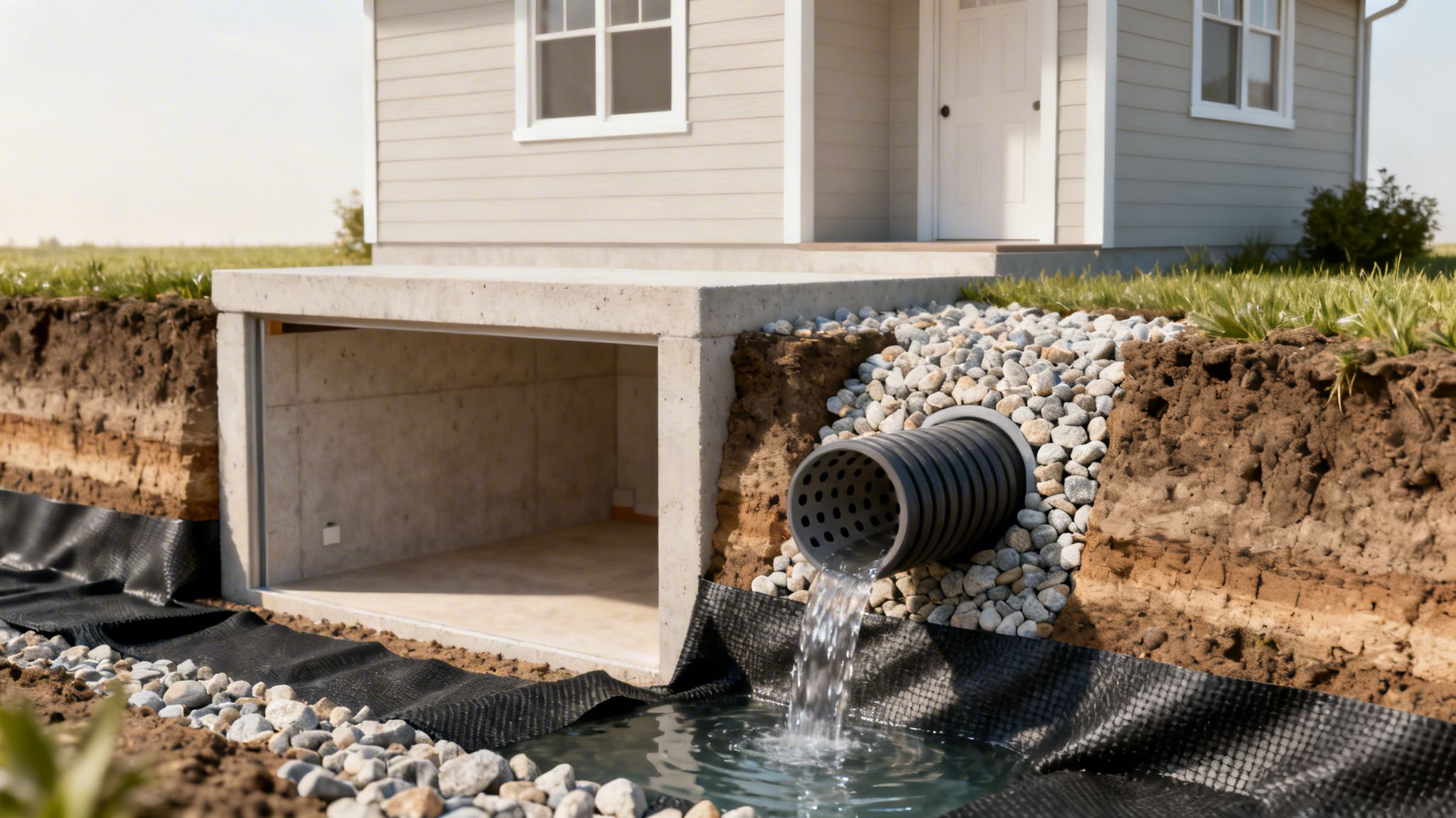 Detaljeret tværsnit af et husfundament og et drænsystem med rør, grus og jordlag.