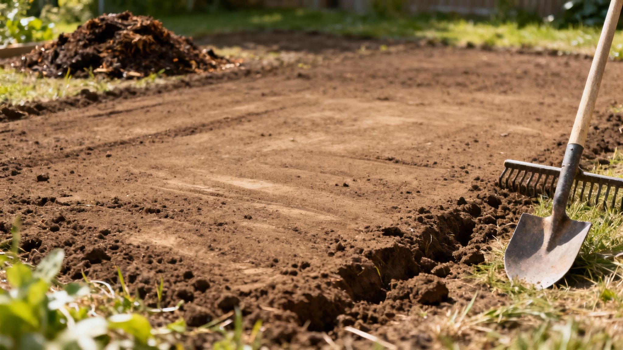Forberedt jord i en have med en rive og skovl klar til at så græs på en solrig dag.