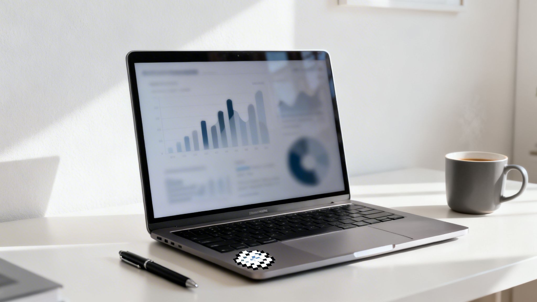 En bærbar computer med grafer på skærmen, en kop kaffe og en pen på et lyst skrivebord.