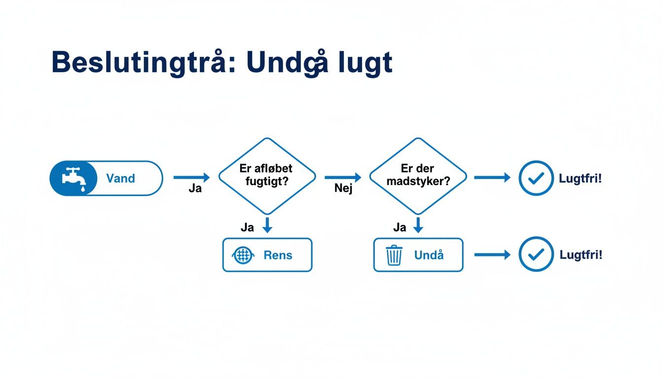 Beslutningstræ, der viser trin til at undgå dårlig lugt, inklusive rensning og bortskaffelse af madrester.