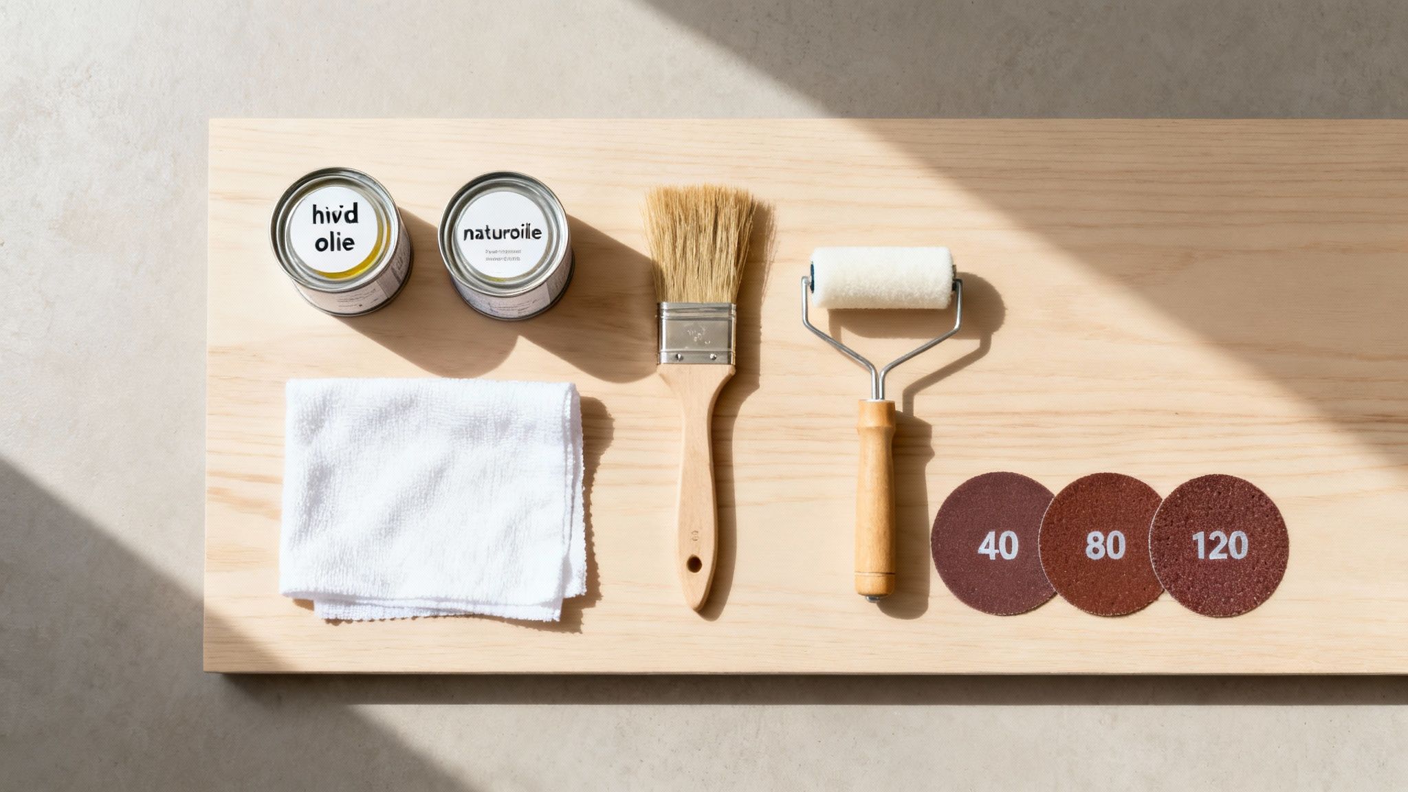 Værktøj til oliebehandling af træ, herunder olie, pensel, rulle, klud og sandpapir på et træbræt.