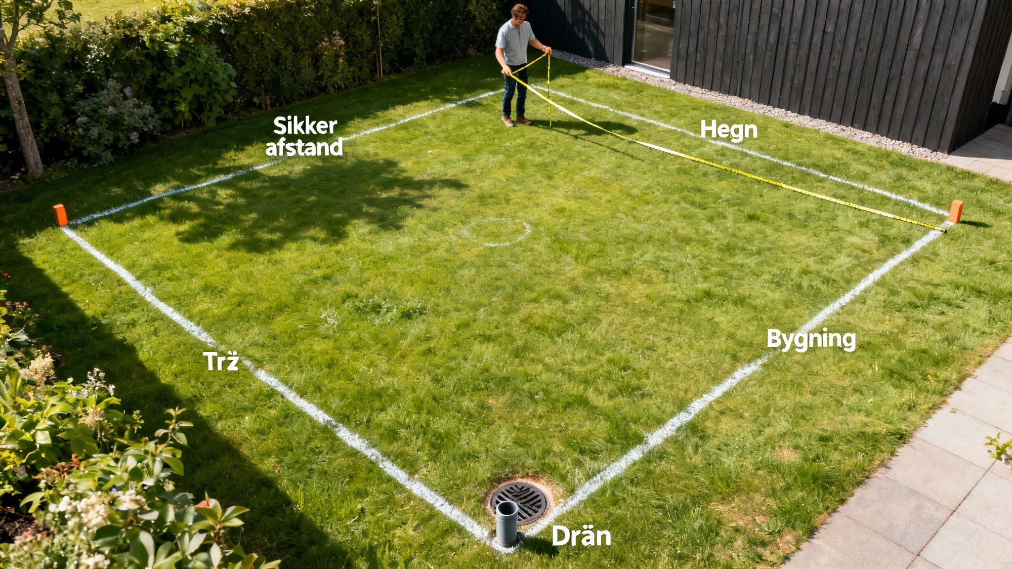 En mand måler et område i haven op med målebånd til en nedgravet trampolin.