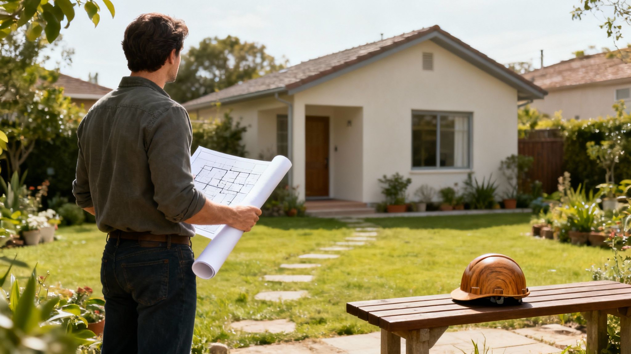 Person der gennemgår byggetegninger for et byggeprojekt