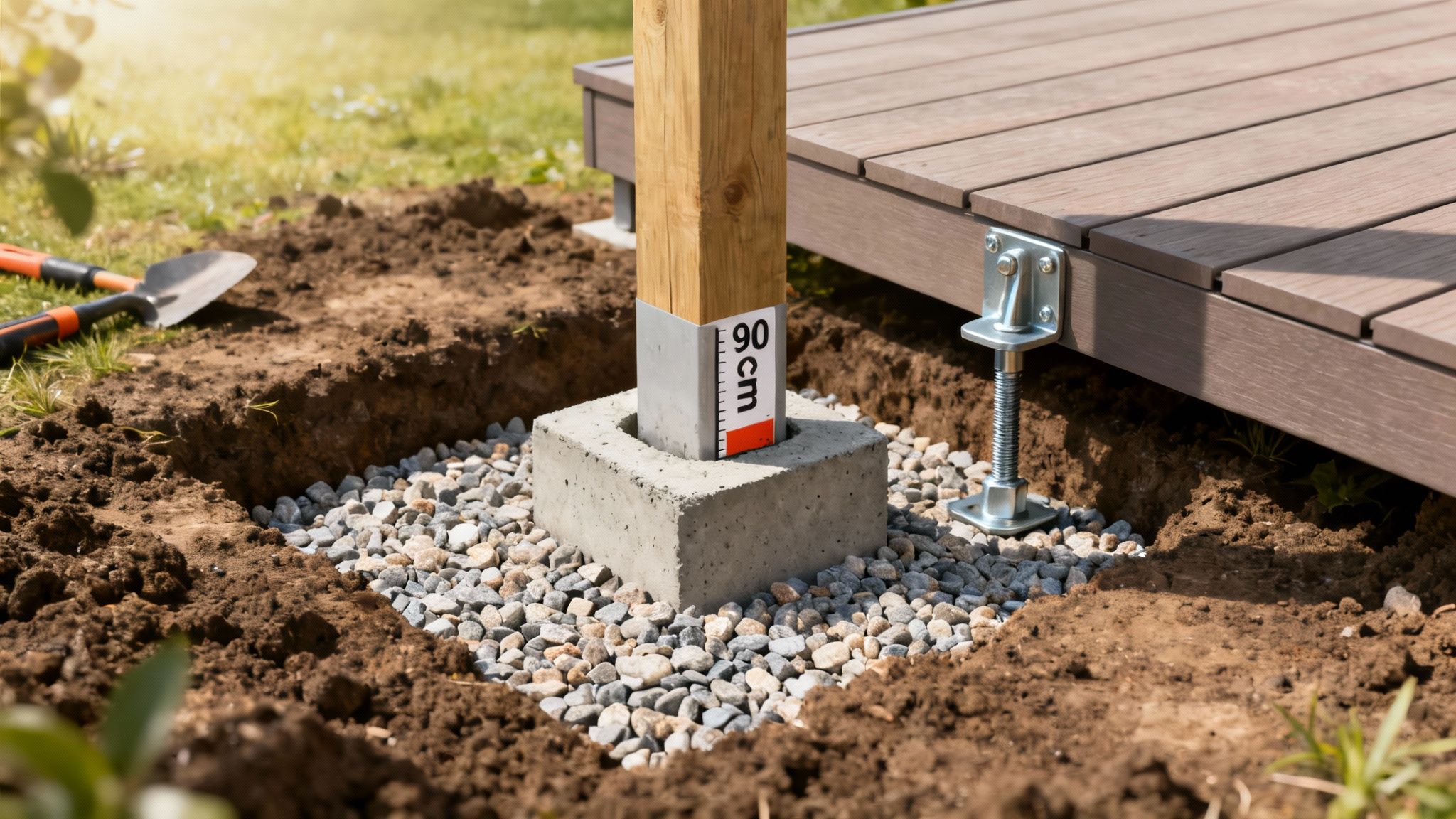 En træstolpe forankret i et betonfundament omgivet af grus, klar til terrassen.