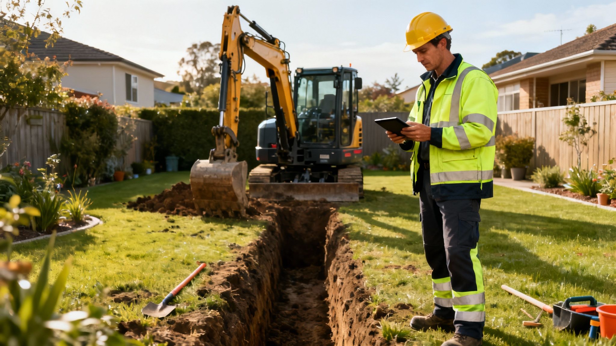 Mand i sikkerhedsudstyr bruger tablet ved udgravning til dræn i en baghave med minigraver.