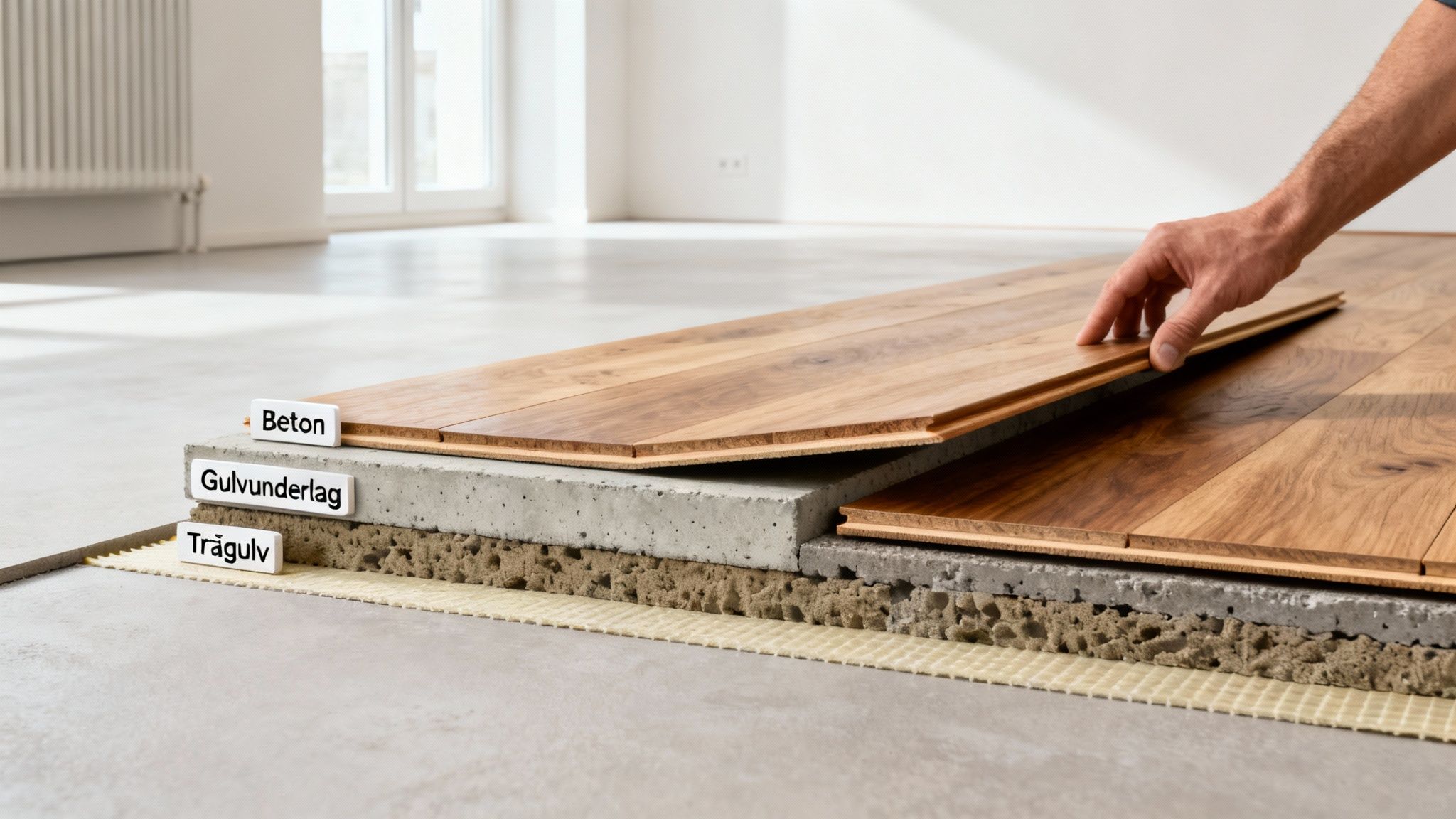 Installation af trægulv viser lag af beton, gulvunderlag og trægulv med en hånd der lægger planker.