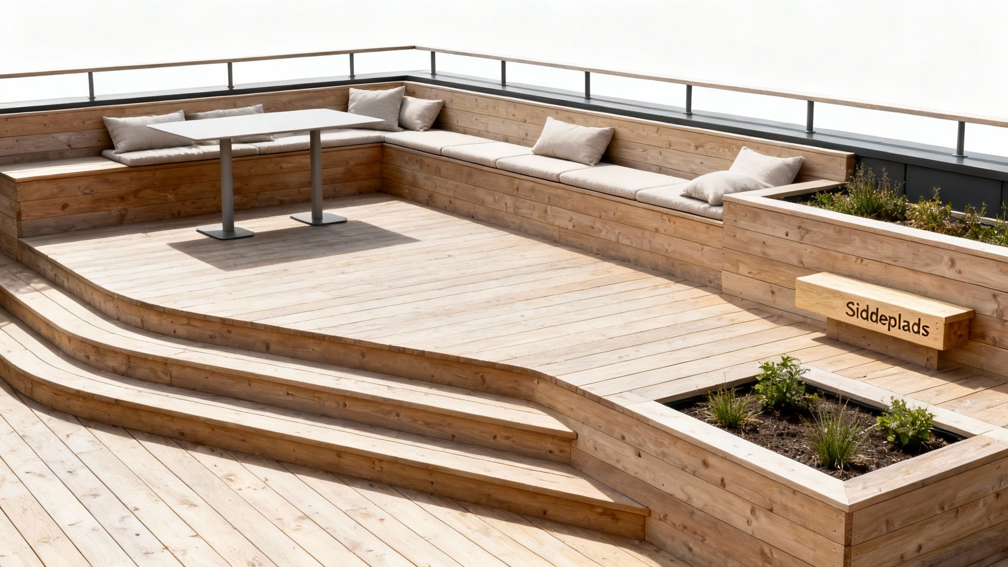 En moderne træterrasse med indbyggede siddepladser, plantekasser og borde under åben himmel.