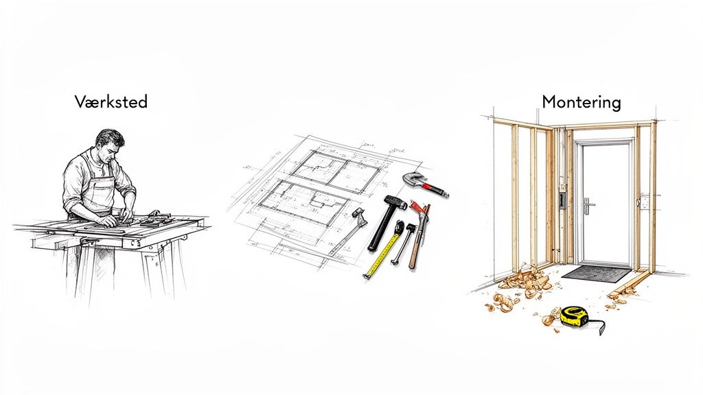 Illustrationer viser tømrerarbejde: værksted, byggeplaner med værktøj og dørinstallation.