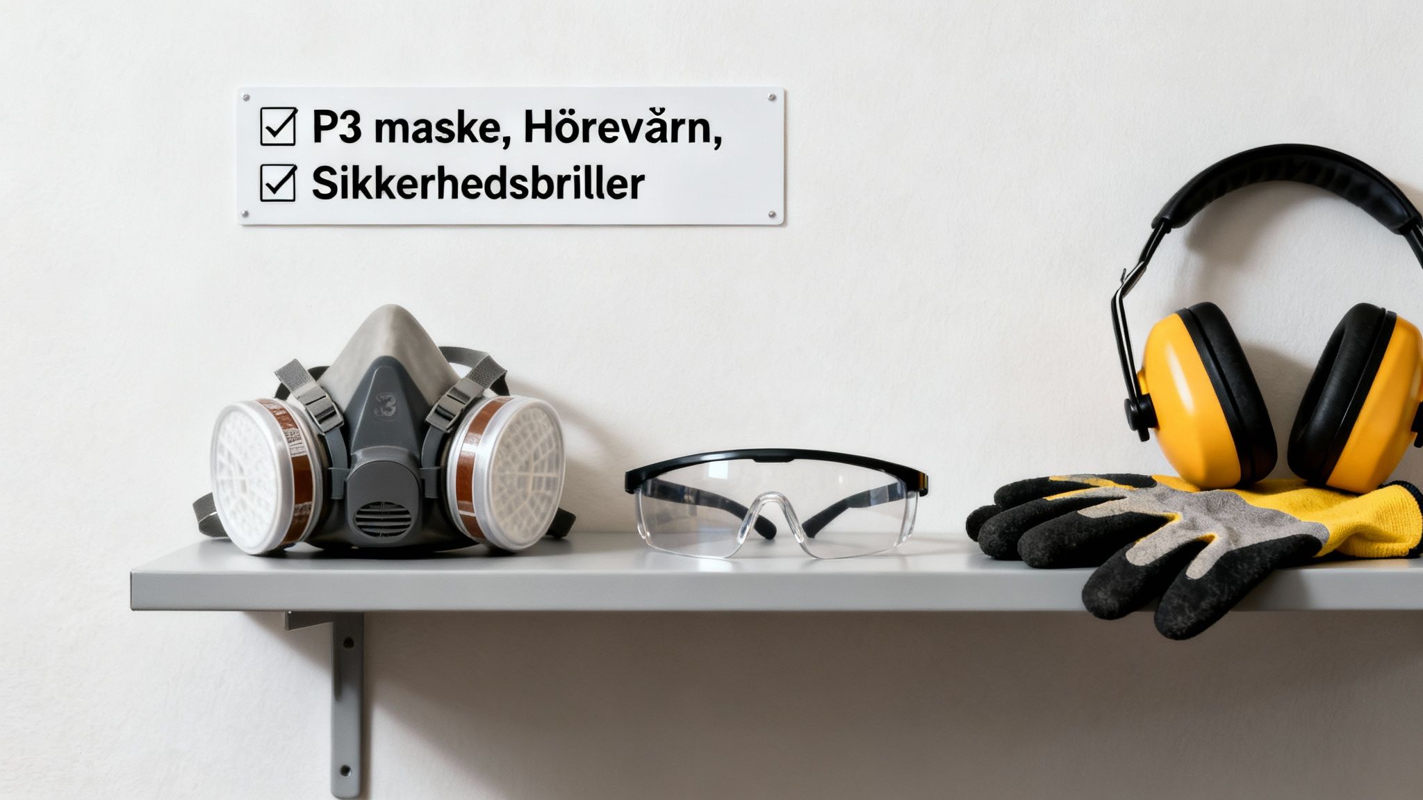 Sikkerhedsudstyr på en hylde, inklusive P3 maske, høreværn, sikkerhedsbriller og handsker, med en tjekliste på væggen.