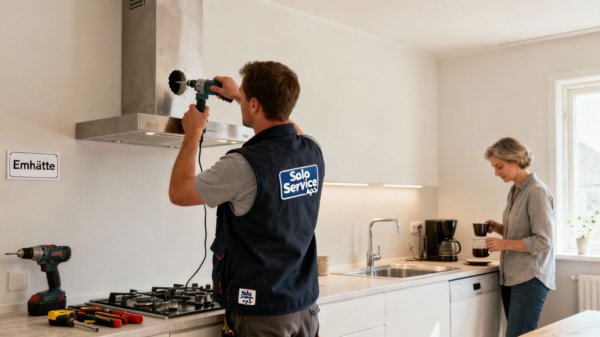 Mandlig tekniker fra Solo Service installerer emhætte i et moderne køkken, mens en kvinde drikker kaffe.