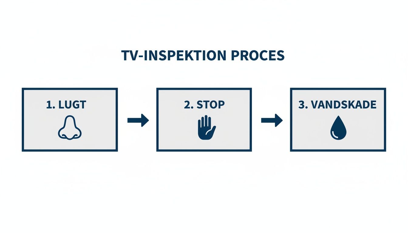 En flowchart, der illustrerer TV-inspektionsprocessen med trin som lugt, stop og vandskade, tydeligt vist med ikoner.