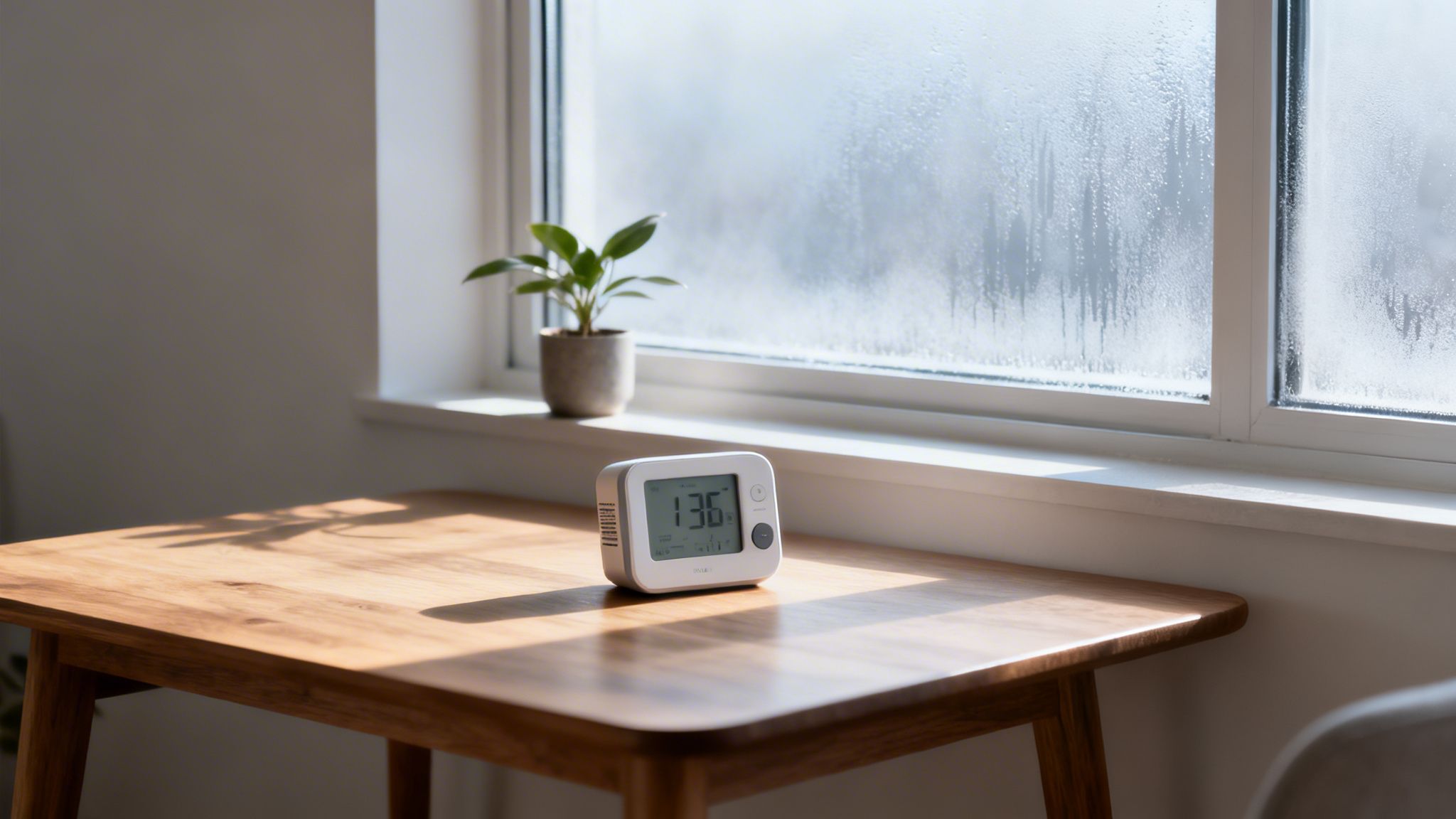 Digital skærm viser temperatur og fugtighed på træbord ved vindue med dug og plante.