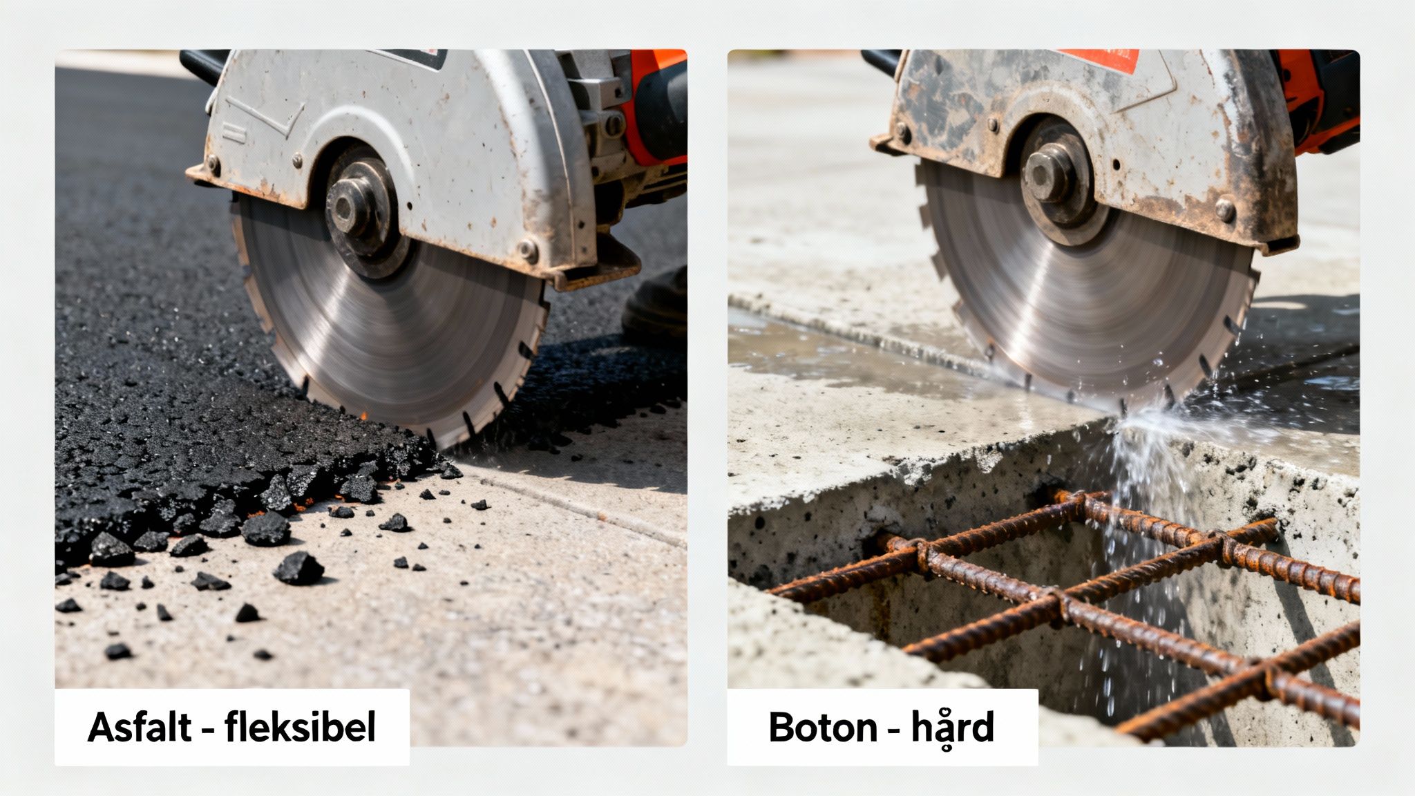 To billeder af en skæresav, der demonstrerer skæring i fleksibel asfalt og hård beton med armering.