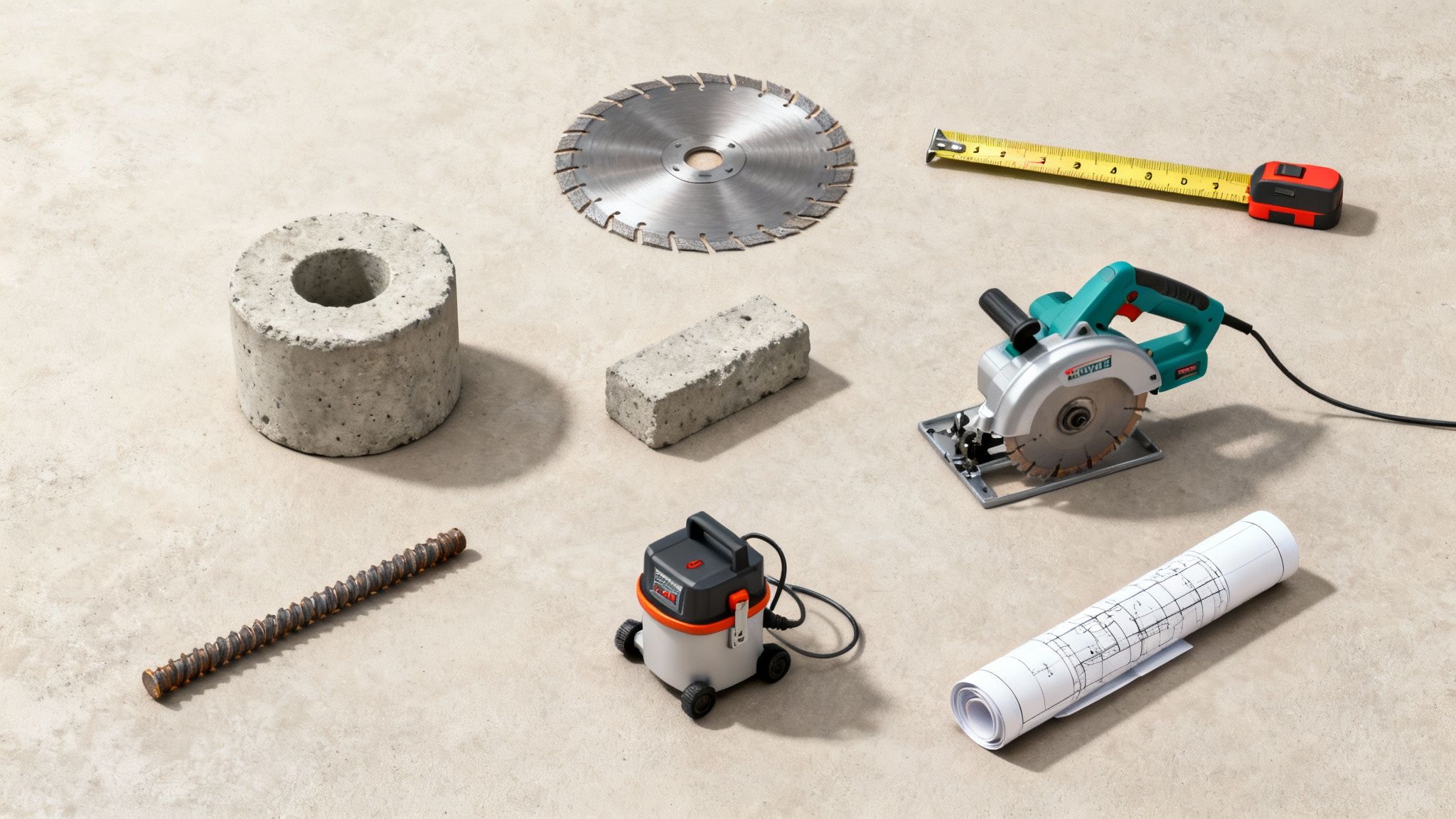 En professionel håndværker i gang med betonskæring med en stor maskine.