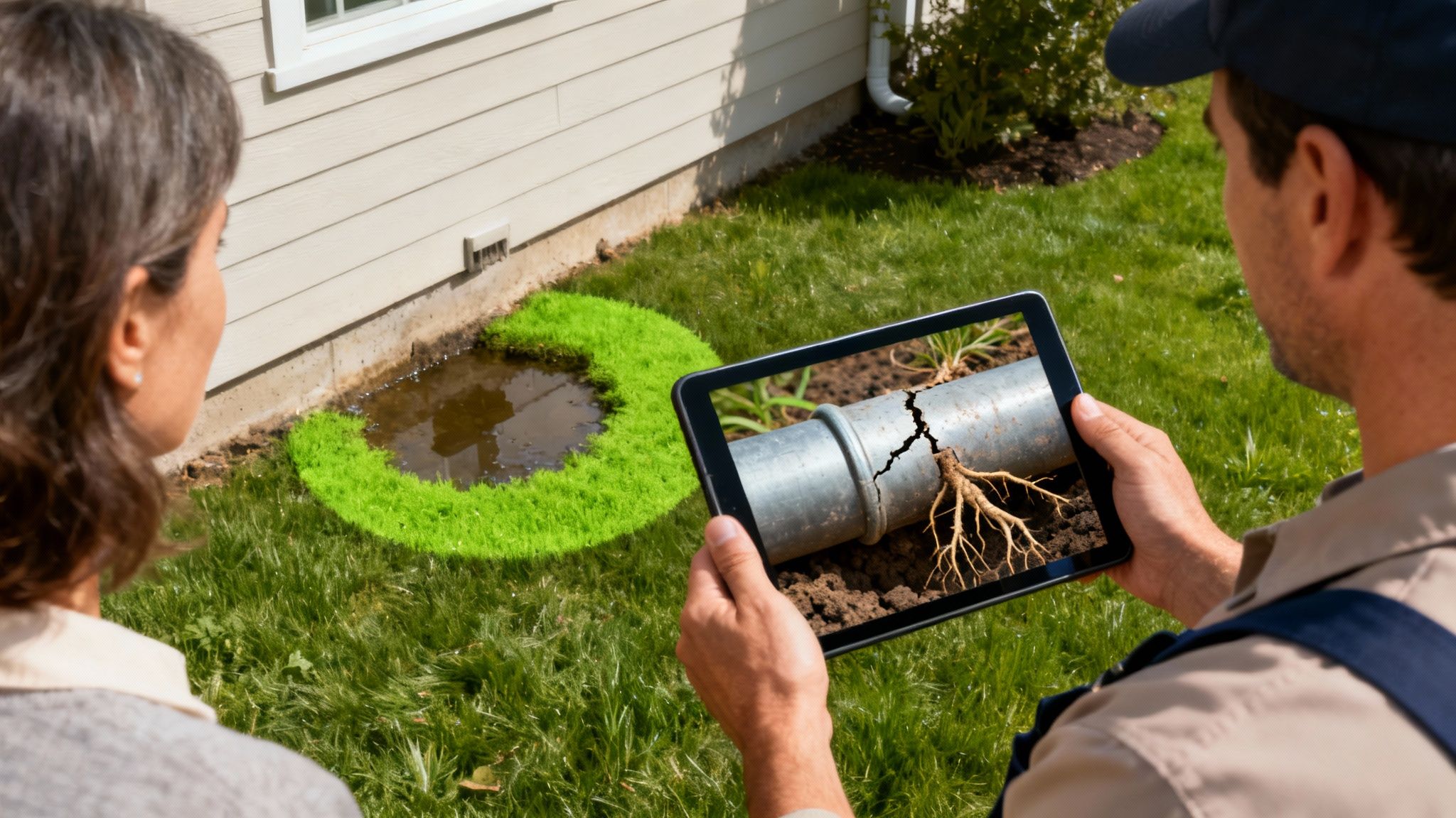 Kloakmester bruger tablet og AR til at vise en kunde en ødelagt kloak med rødder under jorden.