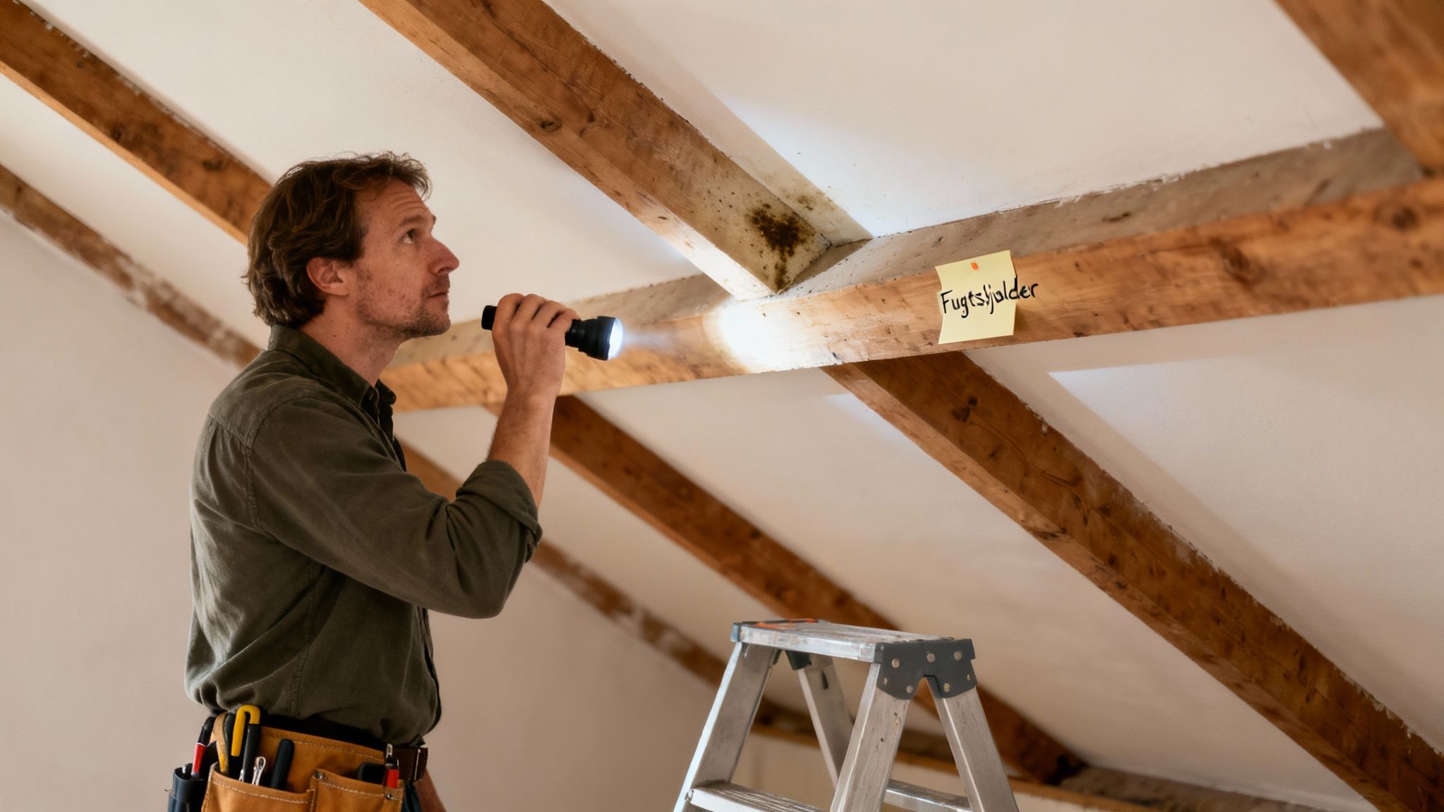En håndværker inspicerer et loft for fugtskader og skimmel med en lommelygte.