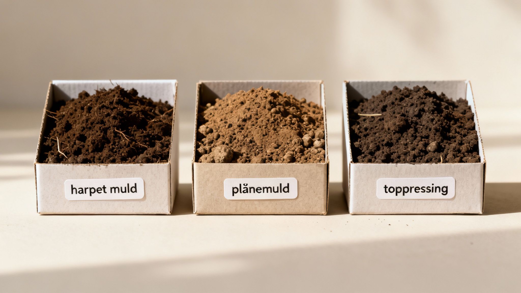 Tre kasser med forskellige jordtyper til græsplænen, mærket 'harpet muld', 'plånemuld' og 'toppressing'.