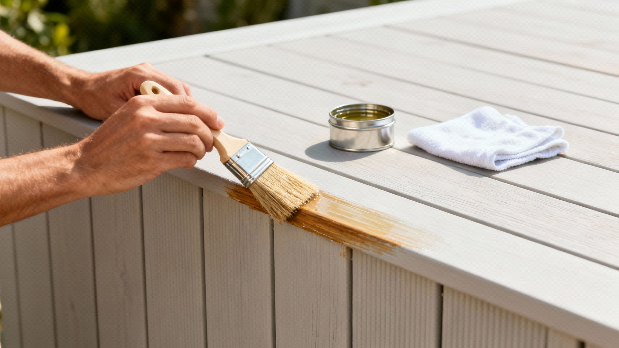 En person påfører træolie eller bejdse med en pensel på lyse træplader udendørs i solskin.
