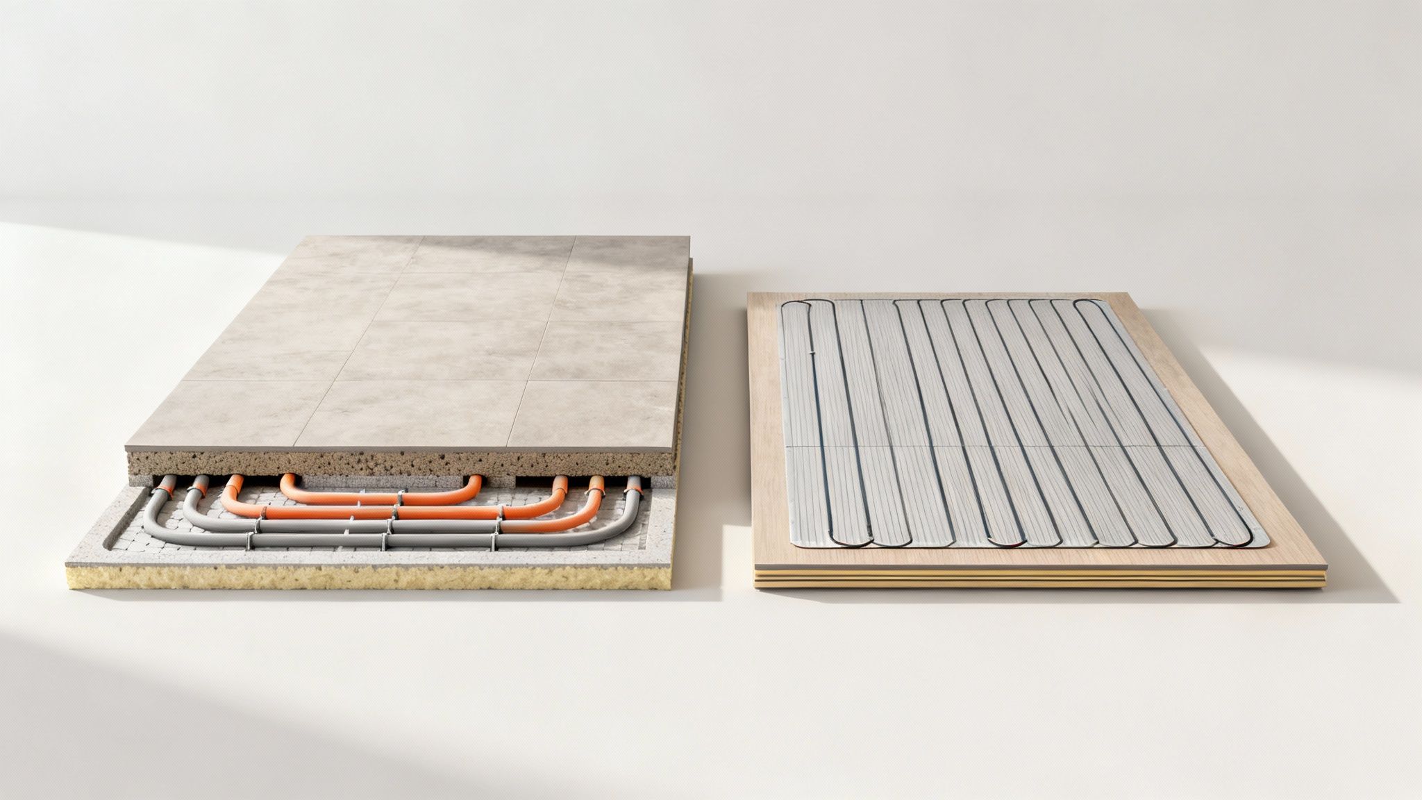 To tværsnit viser gulvopbygning med rør under fliser og varmemåtter under trægulv.