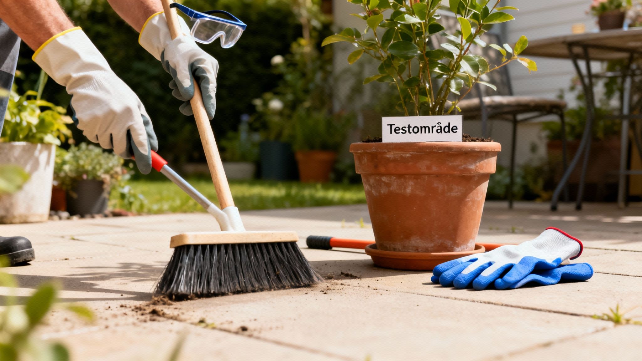 En person med handsker fejer snavs fra fliser på en terrasse med en kost og fejebakke, med haveudstyr i baggrunden.