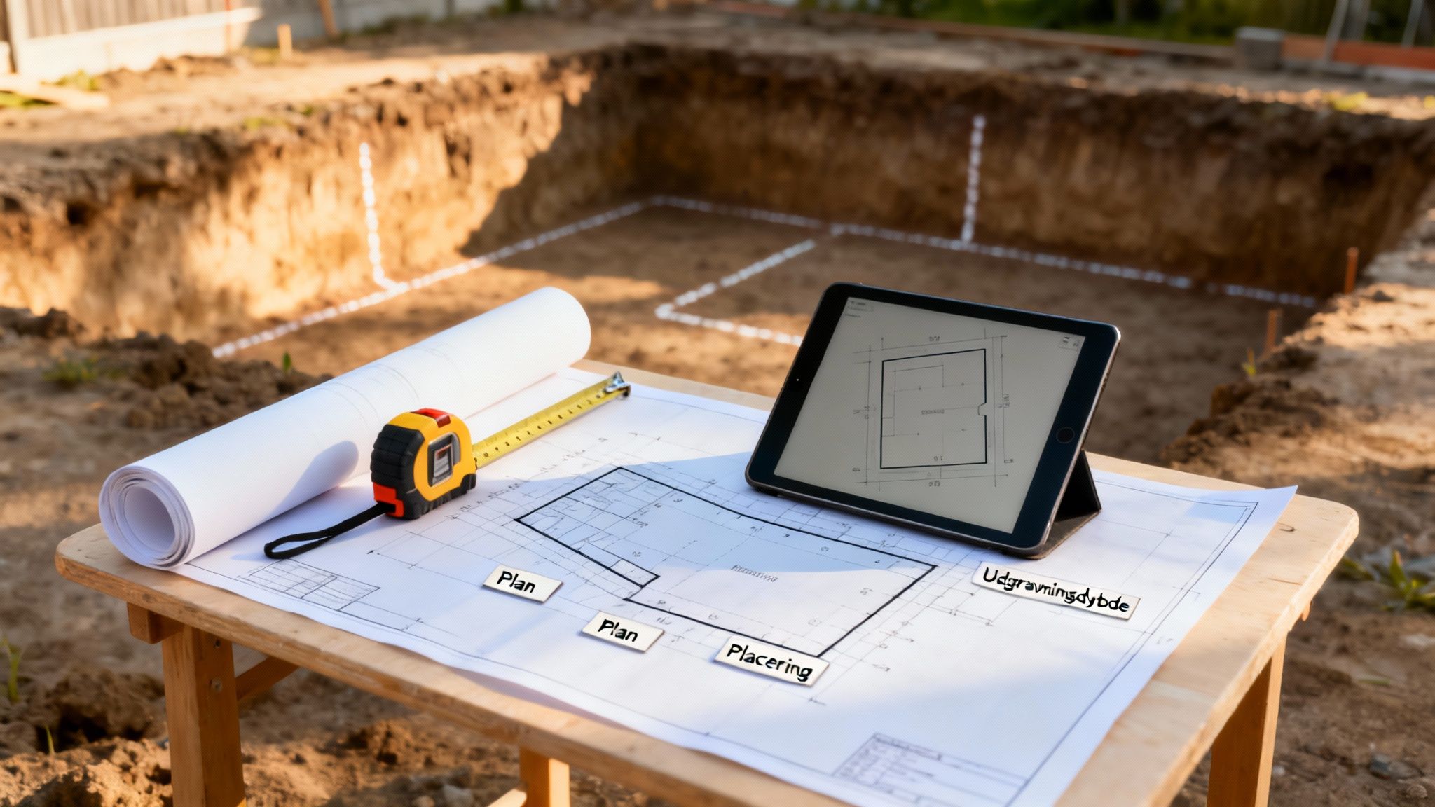 Byggeplads med udgravet fundament, byggeplaner, målebånd og tablet viser plantegning på et bord.