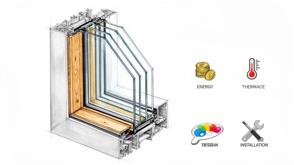 Detaljeret snit af et træ-alu vindue med tredobbelt glas, der fremhæver energieffektivitet og design.