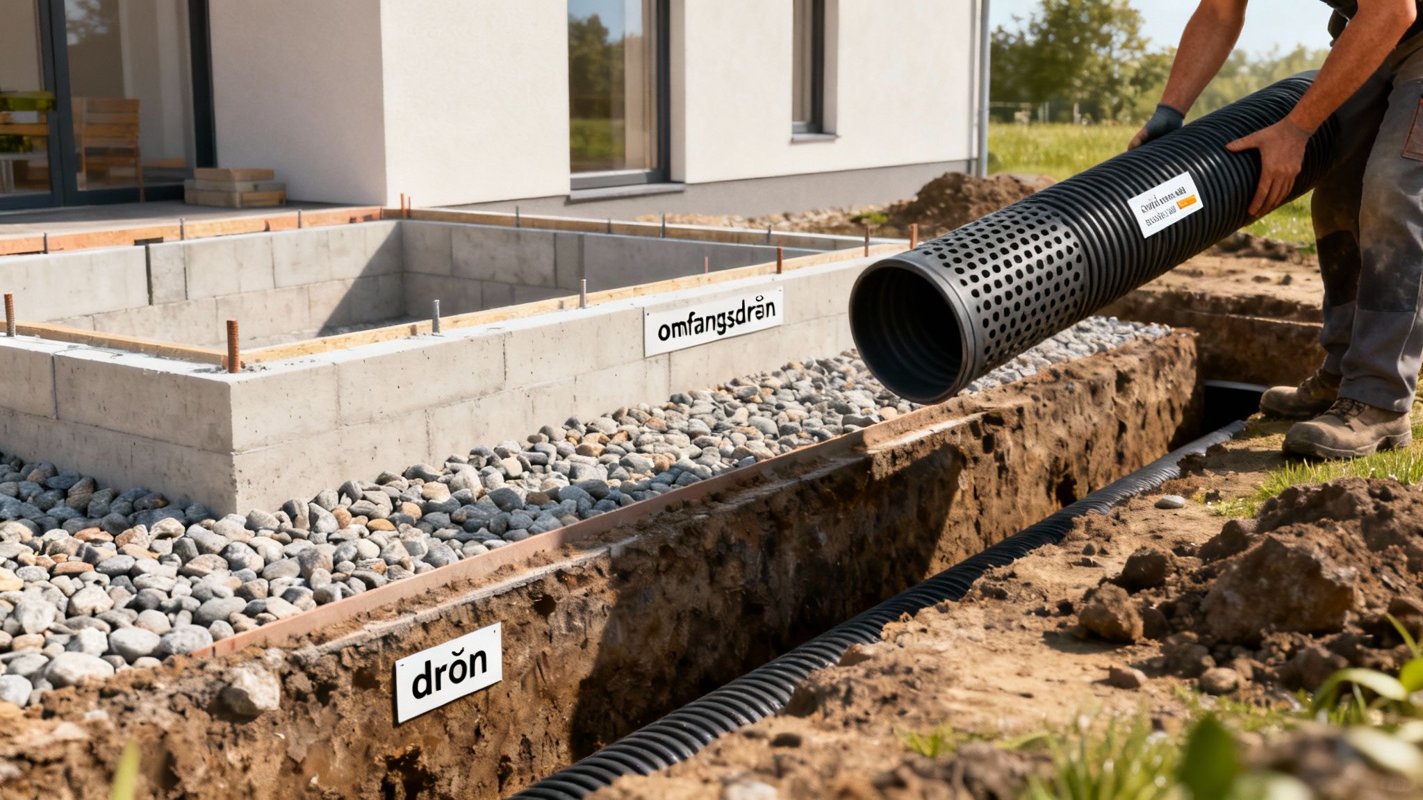 Arbejder lægger drænrør i udgravning omkring husfundament. Dræning og omfangsdræn til nybyggeri.