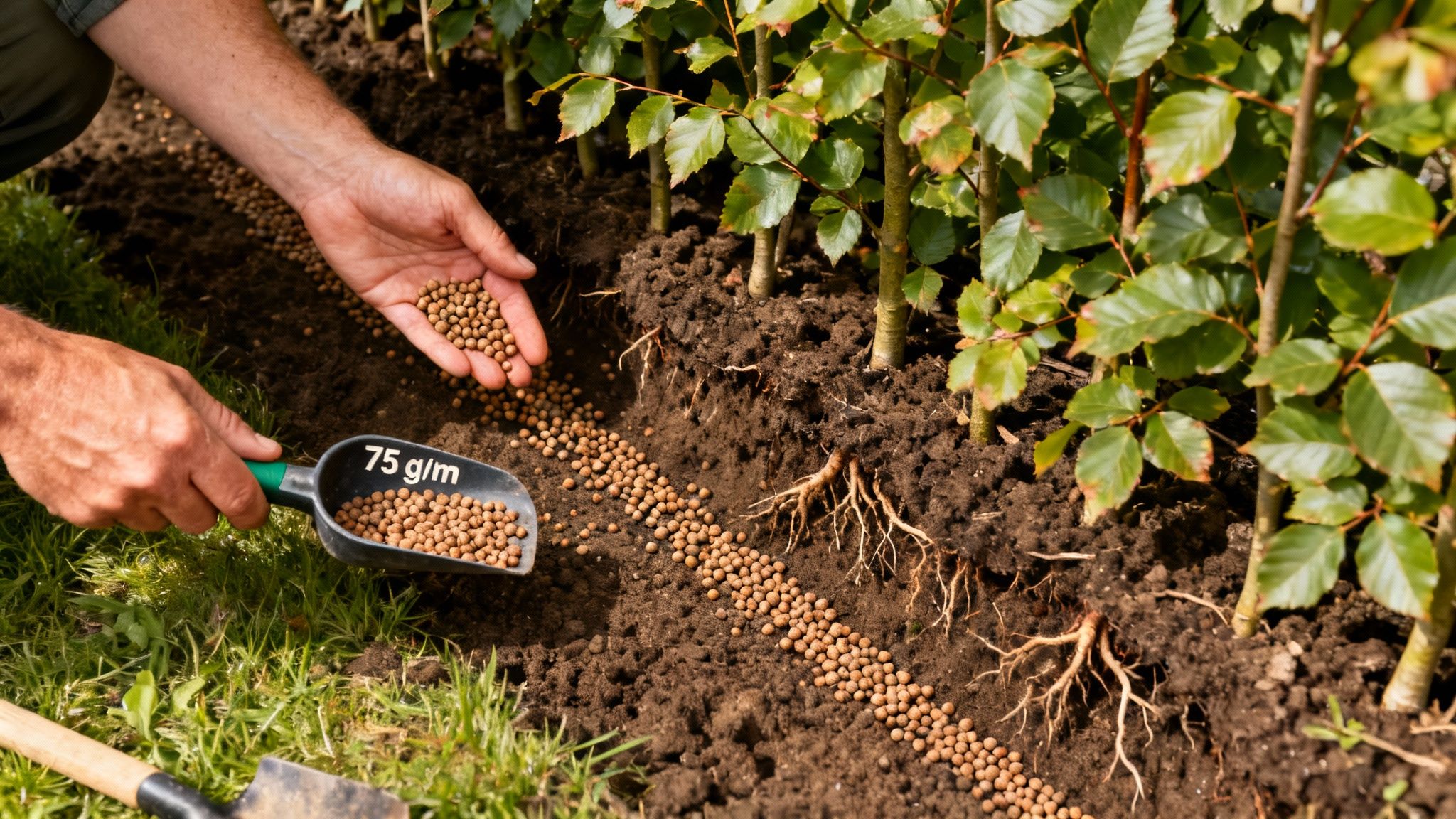 Person hælder gødningskugler fra måleske ved nyplantet bøgehæk i haven