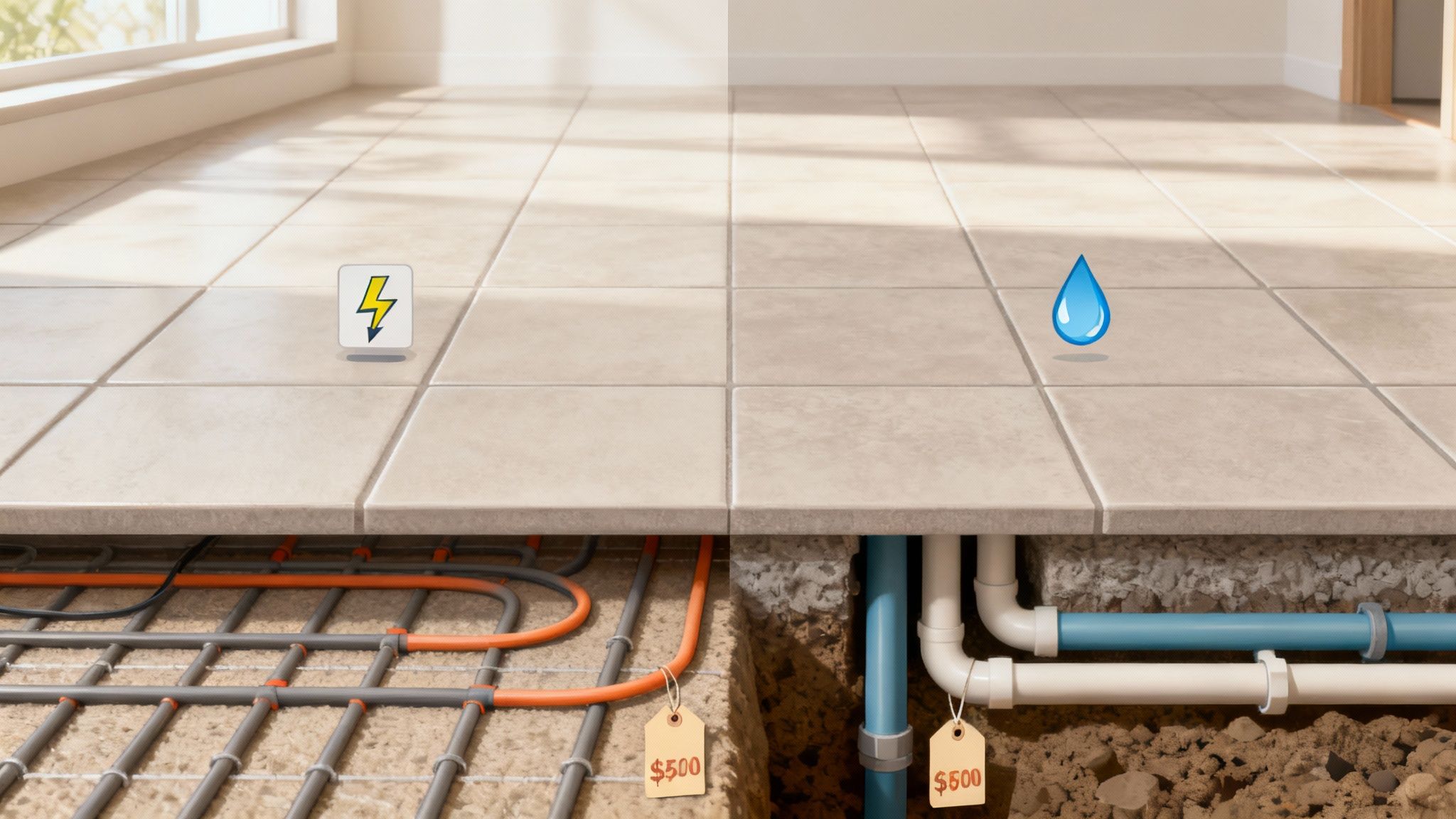 En grafisk illustration der sammenligner el- og vandbåren gulvvarme