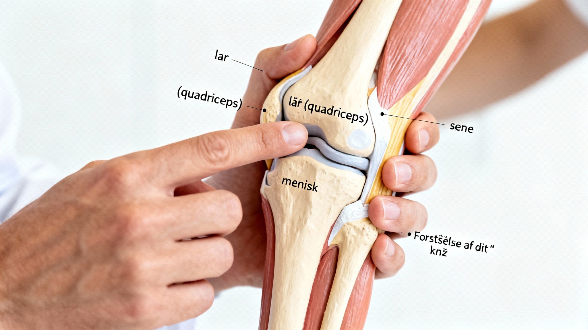 En hånd peger på en anatomisk model af et knæ, der viser lår, quadriceps, menisk og sene. Modellen illustrerer knæets anatomi tydeligt.